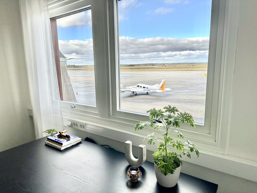 Kontorsfönster med en krukväxt på ett skrivbord med vy utmot flygplansplattan
