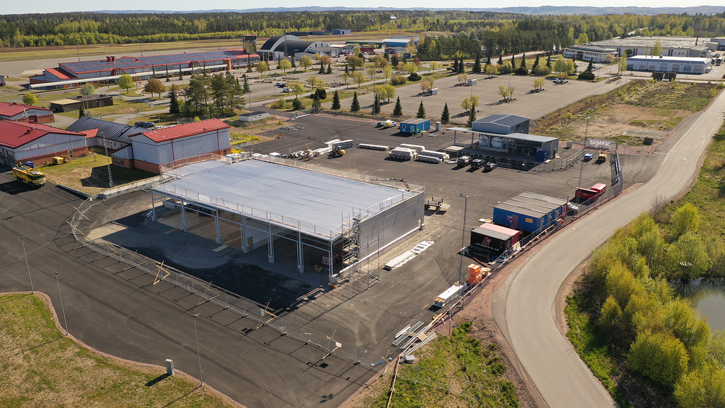 Drönarbild över Södra Driftområdet vecka 15 2020 och det garage för våra fältfordon som byggs